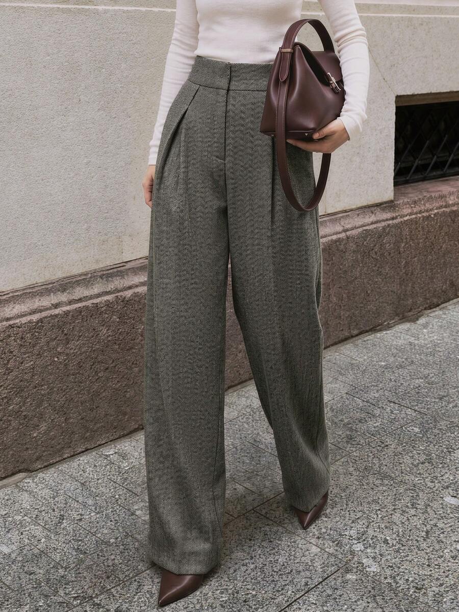 Women's Spring/Autumn Vintage Textured Brown High-Waist Wide-Leg Long Pants, Pleated Cut Flattering Fit Exquisite Daily Commute Trousers - Brown - View 1