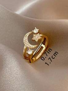 1pc Star & Moon Open Ring, Fashionable Design, Personalized, High-End, Elegant, Versatile, Adjustable Index Finger Ring, Suitable For Teenage Girls - Gold - View 5