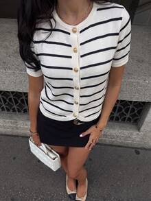 Plus Size Women's Round Neck Striped Single Breasted Casual Versatile Daily Knit Top - White - View 1