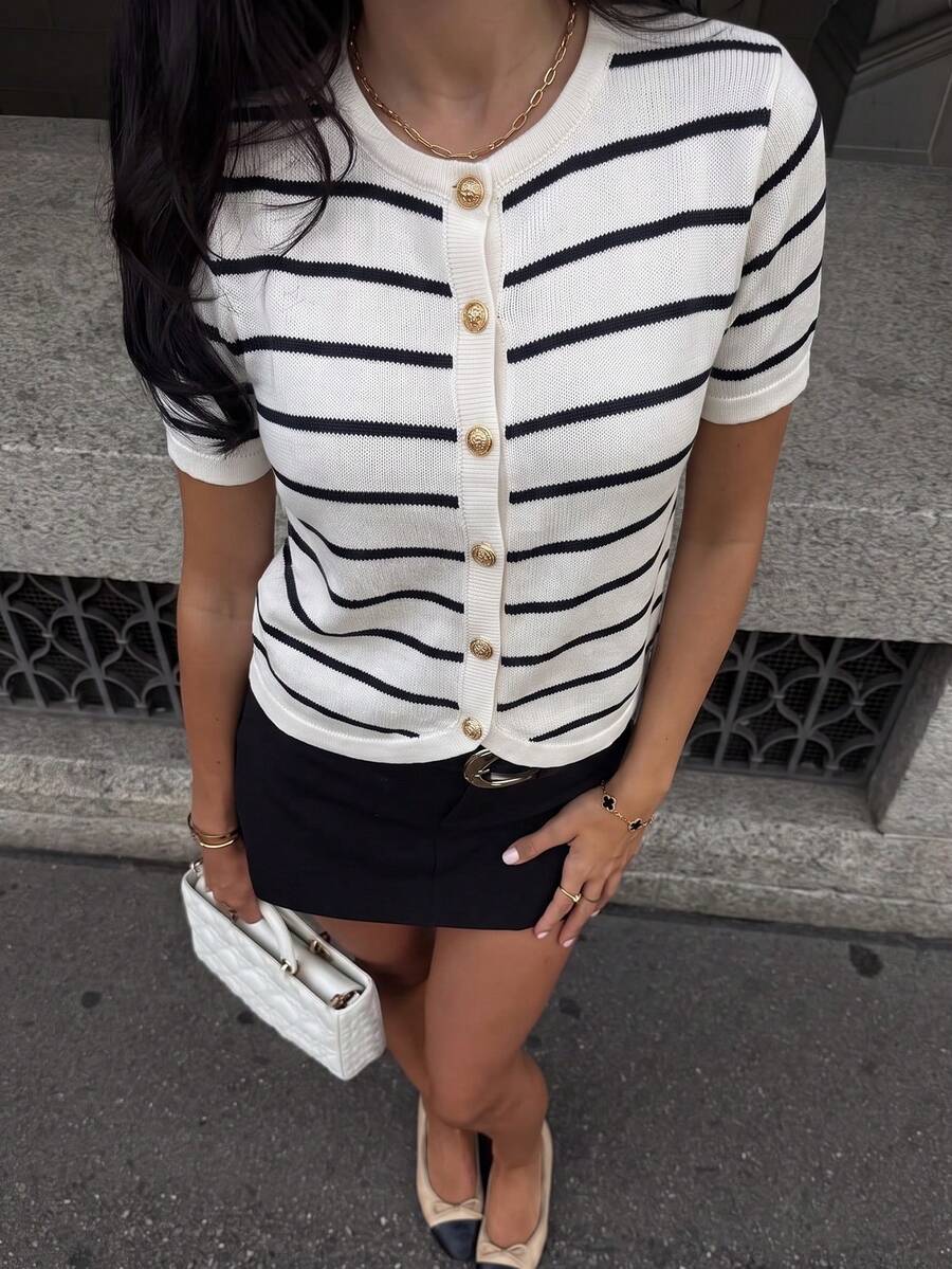 Plus Size Women's Round Neck Striped Single Breasted Casual Versatile Daily Knit Top - White - View 1