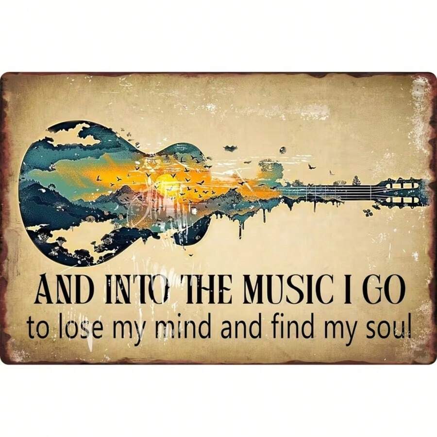 2D Flat Vintage Guitar Wall Decor Music Quote Sign "I Am Immersed In Music... Lost My Mind, Found My Soul" (30*20cm) Musical Notes And Lyrics Plaque; Suitable For Home, Studio Or Cafe, 2D Flat - B - View 1