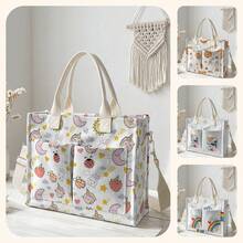 1pc Cute Cartoon Patterns Print Corduroy Multi-Pocket Large Capacity Storage, Snap Button Closure, Shoulder Tote Bag For Student Daily Commute School - Multicolor - View 3