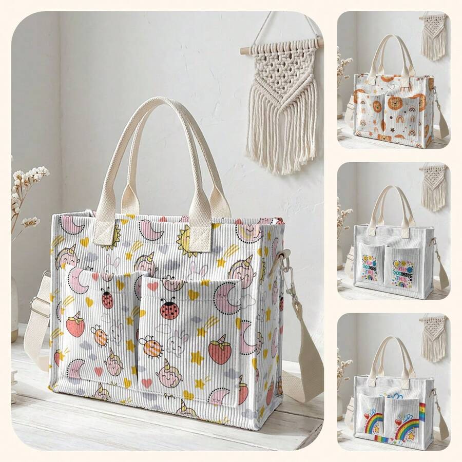 1pc Cute Cartoon Patterns Print Corduroy Multi-Pocket Large Capacity Storage, Snap Button Closure, Shoulder Tote Bag For Student Daily Commute School - Multicolor - View 1