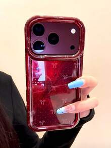 Ins Style Minimalist Laser Burgundy Polka Dot Bow Phone Case Compatible With Apple 18 Pro Max, 17 Pro, New 16 Pro, 15 Pro, Women's Hard Shell With Wrist Strap - Red - View 2