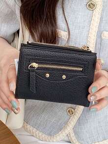 Women's Short Bifold Wallet, Classic Black Faux Leather Card Holder, Multi‑Slots Small Purse With Zipper Pocket, Rivet Decor Compact Coin Purse. - Black - View 3