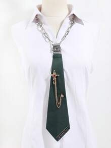 1pc Fashionable Versatile Unisex Pre-Tied Tie With Faux Rhinestone Cross Chain Decor, College Style DIY Necktie For Halloween, Party, Performance And School Wear - Multicolor - View 8