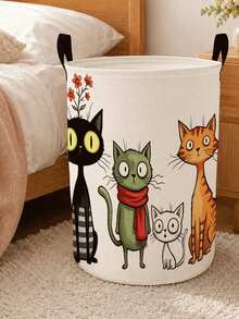 Large Capacity Foldable Cat Laundry Basket With Handle - Cute Tabby Cat Face Storage Bin, Dirty Clothes Organizer, Portable Polyester Storage Bag, Suitable For Bedroom, Dorm, Room - Space-Saving Laundry Basket, Essential Home Helper - Multicolor - View 2