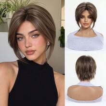 Brown Blonde Highlight Short Layered Pixie Wig For Women, 8 Inch Natural Looking Bob Wig With Side Bangs, Synthetic Heat Resistant Wig For Daily Wear Office Dating, Elegant And Tasteful - Brown - View 14