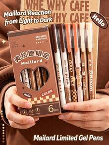 6pcs Maillard Limited Edition Direct Liquid Neutral Pens Set, Needle Tip Quick-Dry Black Ink Pens, Vintage Brown High-Aesthetic Smooth Writing Ballpoint Pens, Retro Ins Style Student Exam Practice & Note-Taking Stationery - Sets - View 8