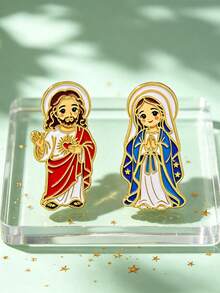 Catholic Religious Enamel Lapel Pins, Holy Mary And Sacred Heart Jesus Cartoon Brooch Set, Spiritual Decor Accessories, Faith Gift For Christians - Brooch - View 2