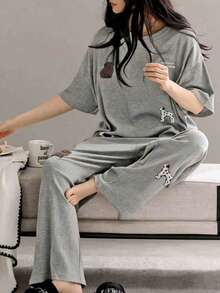 2pcs/Set Women's Pajamas Loungewear Set, Cute Puppy Pattern Simple Pullover Round Neck Short Sleeve Long Pants, Easy Care Fabric - Grey - View 1