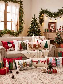 1pc Christmas Pillow Cover With Festive Tree, Snowman, Gingerbread Man Or Winter Village Design, Seasonal Decorative Throw Cushion Case For Sofa, Bedroom And Living Room Holiday Home Decor, Pillow Insert Not Included - Multicolor - View 1