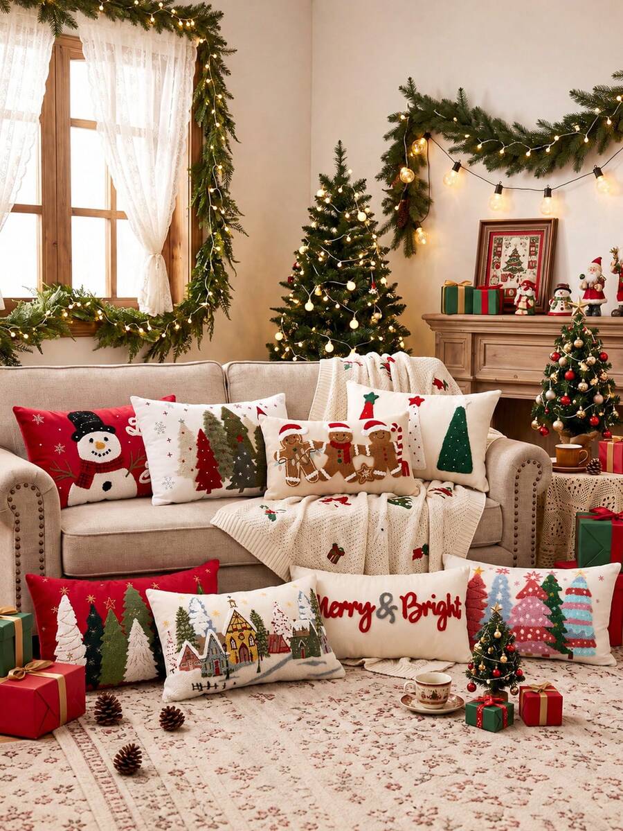 1pc Christmas Pillow Cover With Festive Tree, Snowman, Gingerbread Man Or Winter Village Design, Seasonal Decorative Throw Cushion Case For Sofa, Bedroom And Living Room Holiday Home Decor, Pillow Insert Not Included - Multicolor - View 1