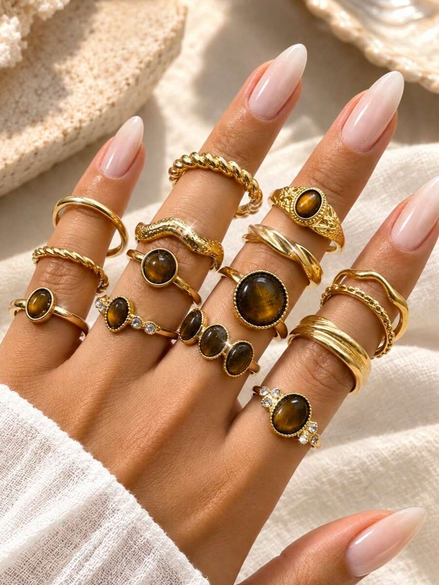 Set Cincin Batu Mata Harimau Asimetris Geometris Vintage Punk Mewah Modis 16/8pcs, Cincin Jari Bergaya Ins yang Didesain dengan Desain Mengkilap Metalik Berkerut, Cocok untuk Pesta, Pertemuan, Liburan, Hadiah untuk Teman dan Keluarga, Pemakaian Sehari-hari - Yellow Gold - View 1