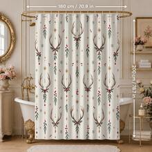 1pc/4pcs Deer Horn & Red Berry Hanging Branch Pattern Multi-Functional Bathroom Decor Shower Curtain Set, Free 12 Hooks, Premium Holiday Atmosphere, Bathroom Mat, U-Shaped Bath Mat And Round Toilet Lid Cover, Suitable For All Scenes Decoration, Bathroom Set - Antler Red Fruit Dangle Branch - View 12