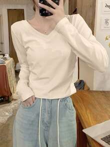 女款多功能V領純色長袖內搭底層T恤上衣，秋冬款 - 杏色 - 查看 8