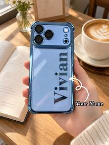 Custom Name Electroplated Four‑Corner Shockproof Phone Case Compatible With IPhone 17 18 Pro Max Laser Print Personalized Name Protective Phone Cover Drop‑Resistant Anti‑Scratch Full Wrap Phone Shell Customized Gift For Men Women Daily Travel Work Party Use - Blue - View 2