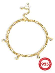 1pc Shiny S925 Sterling Silver Gold Plated Figaro Chain With 5 Bezel-Set White Zirconia Beads, Adjustable Extension Ankle Chain, Atmospheric Accessory For Women - Gold - View 4