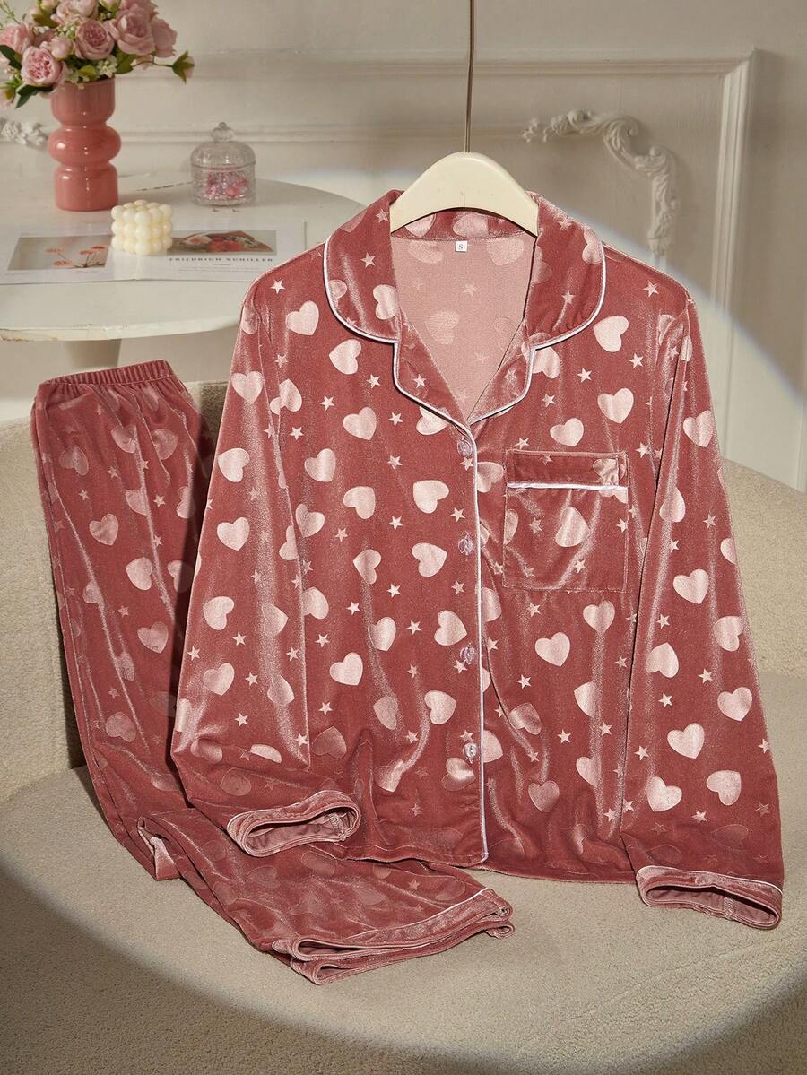 Women's Autumn/Winter Heart & Star Pattern Velvet Trim Front Pocket Long Sleeve Pants Pajama Set Loungewear - Dusty Pink - View 1