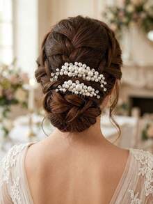 2pcs Pearl Minimalist Versatile Bridal Hair Combs Hair Accessories Suitable For Wedding And Daily Occasions - Silver - View 2
