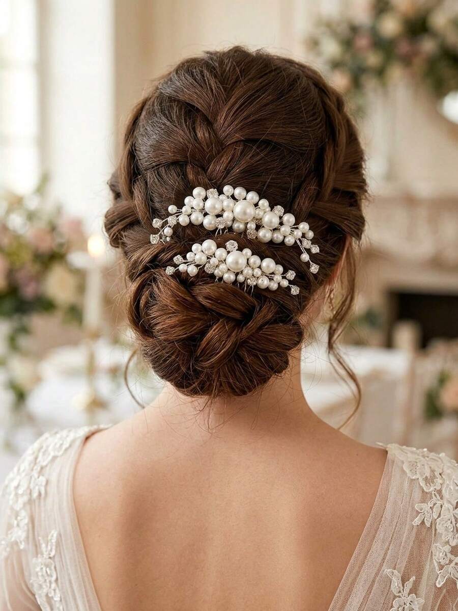 2pcs Pearl Minimalist Versatile Bridal Hair Combs Hair Accessories Suitable For Wedding And Daily Occasions