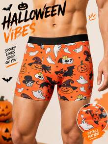 1pc Men's Boxer Briefs, Soft And Skin-Friendly, Bright Orange Halloween Theme, Ghost, Black Cat, Pumpkin And Skull Pattern, Playful And Quirky Style - Multicolor - View 1