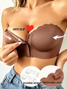 Mocha Front-Clasp Fan-Shaped Bandeau Bra, Upgraded Wide Silicone Anti-Slip Strip, Soft Comfortable Lining, Seamless Wire-Free Women's Lingerie - Coffee Brown - View 10