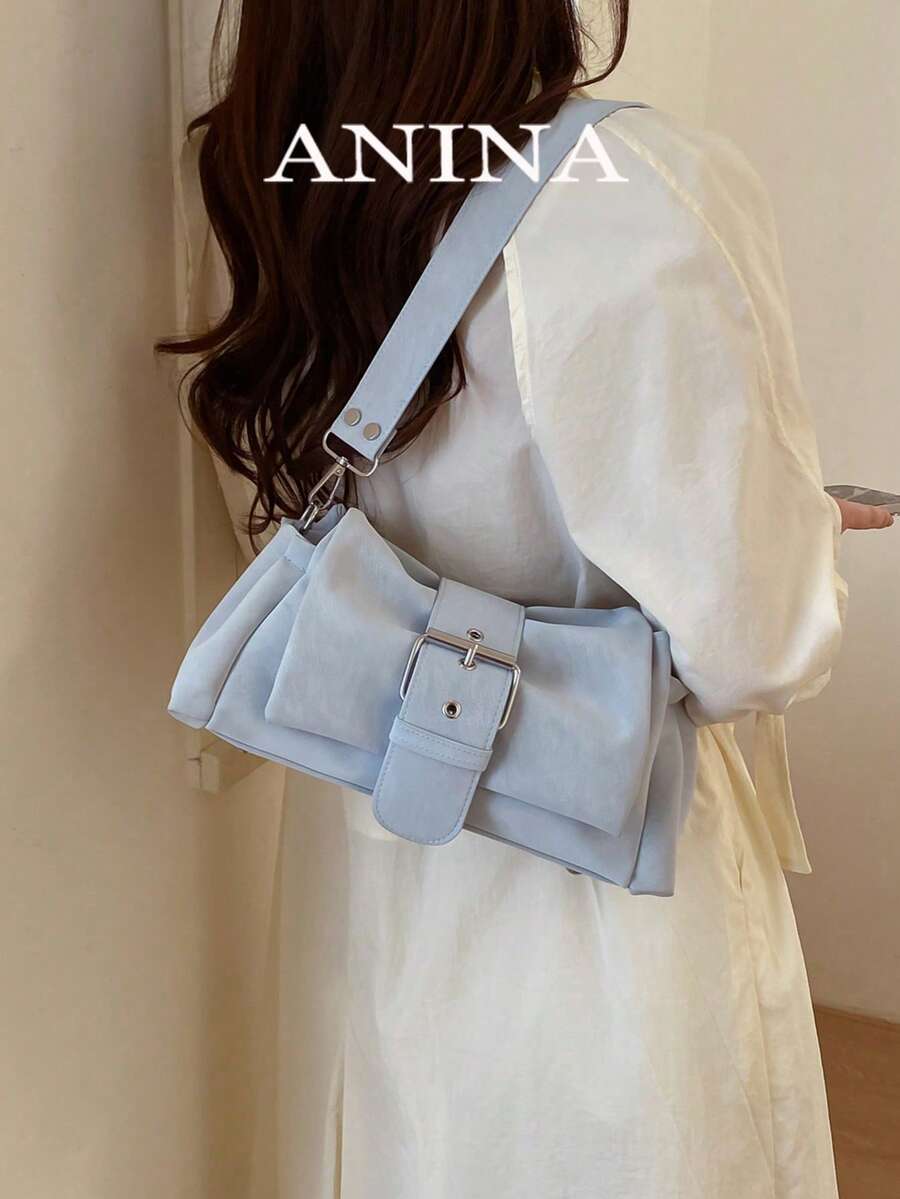 Fashionable Sweet Lady Shoulder Bag, Korean Minimalist Underarm Bag With Rivet Buckle, Pleated Large Capacity, Y2K