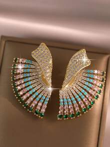 1pair Fashion Wing Shape Multi-Color Full Paved Cubic Zirconia Earrings, Colorful Unique Jewelry For Wedding Party Photoshoot Travel Daily Wear & Gift - Colorful - View 1
