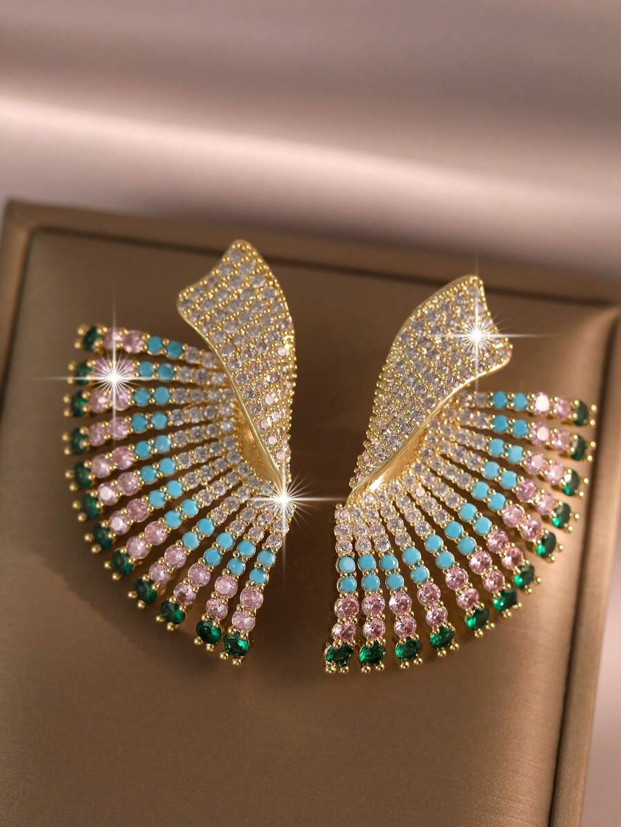 1pair Fashion Wing Shape Multi-Color Full Paved Cubic Zirconia Earrings, Colorful Unique Jewelry For Wedding Party Photoshoot Travel Daily Wear & Gift - Colorful - View 1
