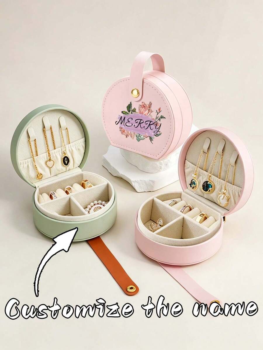 Elegant Style PU Leather Round Jewelry Box, Portable Mini Case With Handle Custom Text & Floral Print Design, Divided Compartments For Rings Earrings Necklaces, Travel Jewellery Storage Case For Wedding, Birthday Gift, Daily Use & Vacation - Multicolor - View 1
