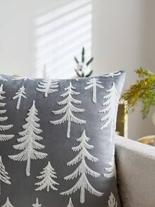 1pc Gray Christmas Tree Embroidered Pillow Case, Suitable For Indoor Decoration, Christmas Decoration, All Season Pillow Case, Without Insert - Grey - View 7