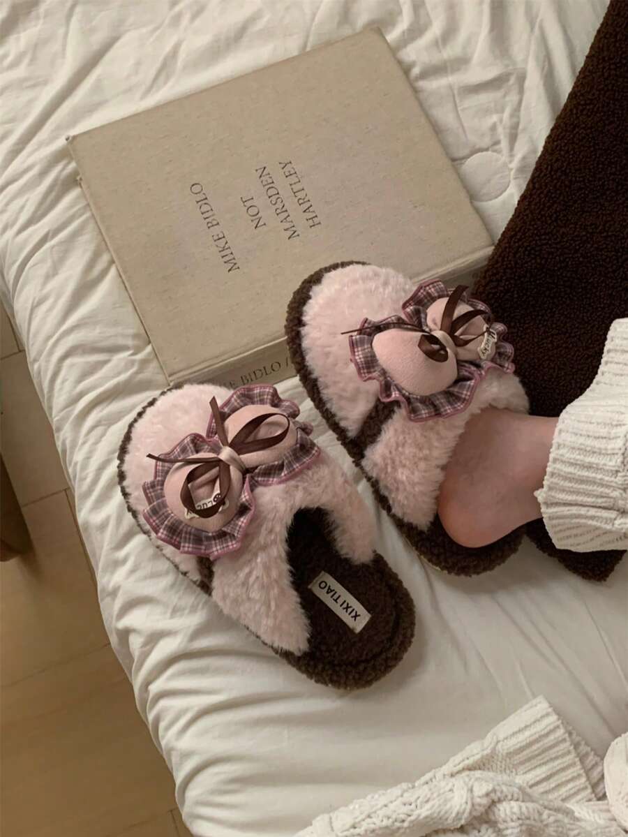 XIXITIAO Cute Sweet Bow Closed Toe Slippers, Plaid Pattern Warm Comfortable House Slippers - Pink - View 1