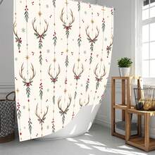 1pc/4pcs Deer Horn & Red Berry Hanging Branch Pattern Multi-Functional Bathroom Decor Shower Curtain Set, Free 12 Hooks, Premium Holiday Atmosphere, Bathroom Mat, U-Shaped Bath Mat And Round Toilet Lid Cover, Suitable For All Scenes Decoration, Bathroom Set - Antler Red Fruit Dangle Branch - View 2