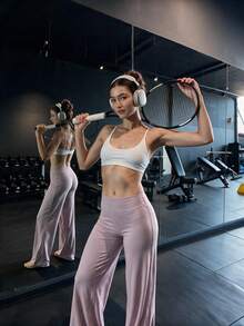 Women's Minimalist High-Waist Wide Leg Sports Pants, High Elasticity Commuter Yoga Pants, Comfortable And Stretchy, Suitable For Daily Wear And Fitness Workout - Baby Pink - View 3