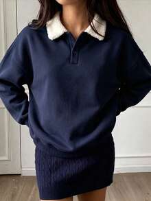 Fashionable Autumn Women's Regular Fit Hoodie, Warm Pullover, Loose Fit, Long Sleeve - Navy Blue - View 8