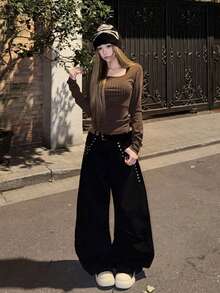 American Style Cross Rhinestone Round Neck Long Sleeve T-Shirt - Brown - View 4