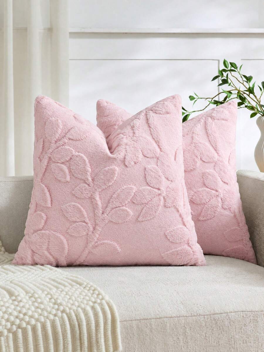 1pc Faux Rabbit Fur Leaf Pattern Embossed Decorative Pillowcase, Reverse Side Dutch Velvet Fabric, Square Cushion Cover, Holiday Home Decor Pillowcase, Soft Comfortable Velvet Fabric, Modern Decorative Sofa, Home Bedroom