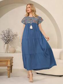 ASBB Shrot Sleeve Loose Fit Round Neck For Women,Woven Embroider Elegant Modest Abaya Long Dress, Suitable For Fall, Holiday And Daily Wear - Blue - View 8