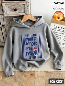 Autumn/Winter 3 Pieces Set Girls Hooded Fleece Sweatshirt, "MORE AMOR POR FAN", Coffee Color, Sun And Letter Pattern, Long Sleeve Cotton Y2K Style - Heather Gray+Heather Gray+Heather Gray - View 2