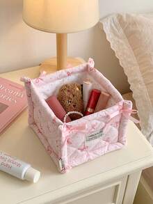 1pc Cute Bow Quilted Fabric Storage Basket Foldable Desktop Organizer Bin Two-Size Makeup Cosmetic Storage Box For Vanity Table Bedroom Home Decor - Multicolor - View 8
