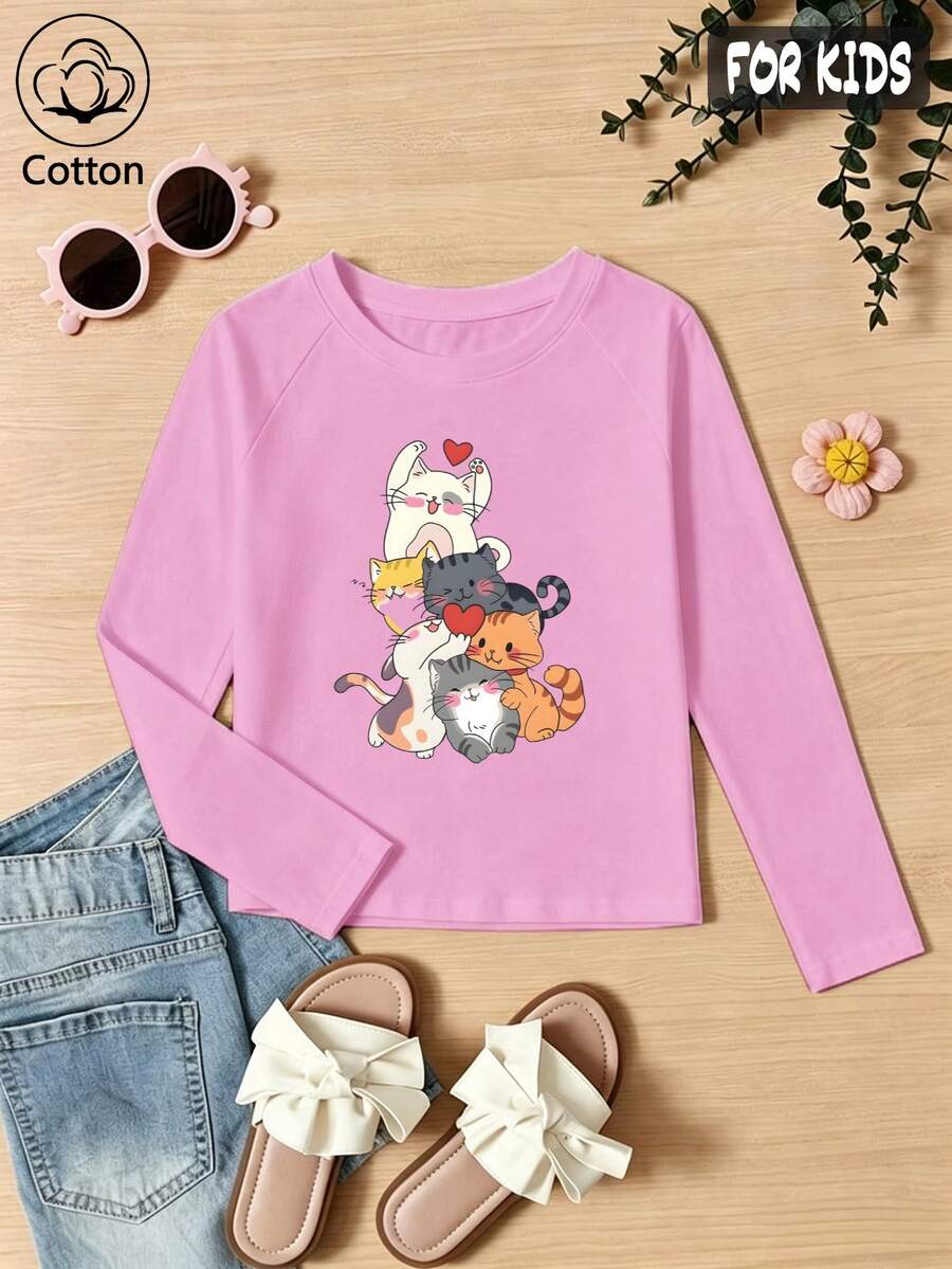 Girls Cotton Raglan Long Sleeve T-Shirt, Autumn Winter, Yellow Cat Print Round Neck For Daily Spring Fall Wear, Cute Sweet Preppy Style - Light Wine Red - View 1