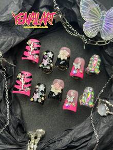 10片手工短款鴨子美甲貼片,黑色法式秋季美甲,手繪斑馬紋、3D花朵、蝴蝶、玫瑰、水鑽裝飾,Y2K奢華風,附果凍膠與美甲锉,適合姐妹聚會、主題派對、角色扮演使用 - 黑色 - 查看 4