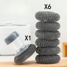 7pcs Press-To-Dispense Dish Scrubbing Brush Set, Replaceable Stainless Steel Wire Brush Head, Press-To-Dispense Design, Powerful Kitchen Cleaning Brush, Suitable For Pots, Pans, Stoves - 6Pcs - View 8