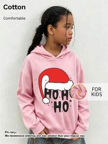 Kids Cotton Hoodie, Christmas Santa Hat Ho Ho Ho Letter Graphic Drawstring Pullover Sweatshirt For Girls Holiday Wear - Pink - View 3