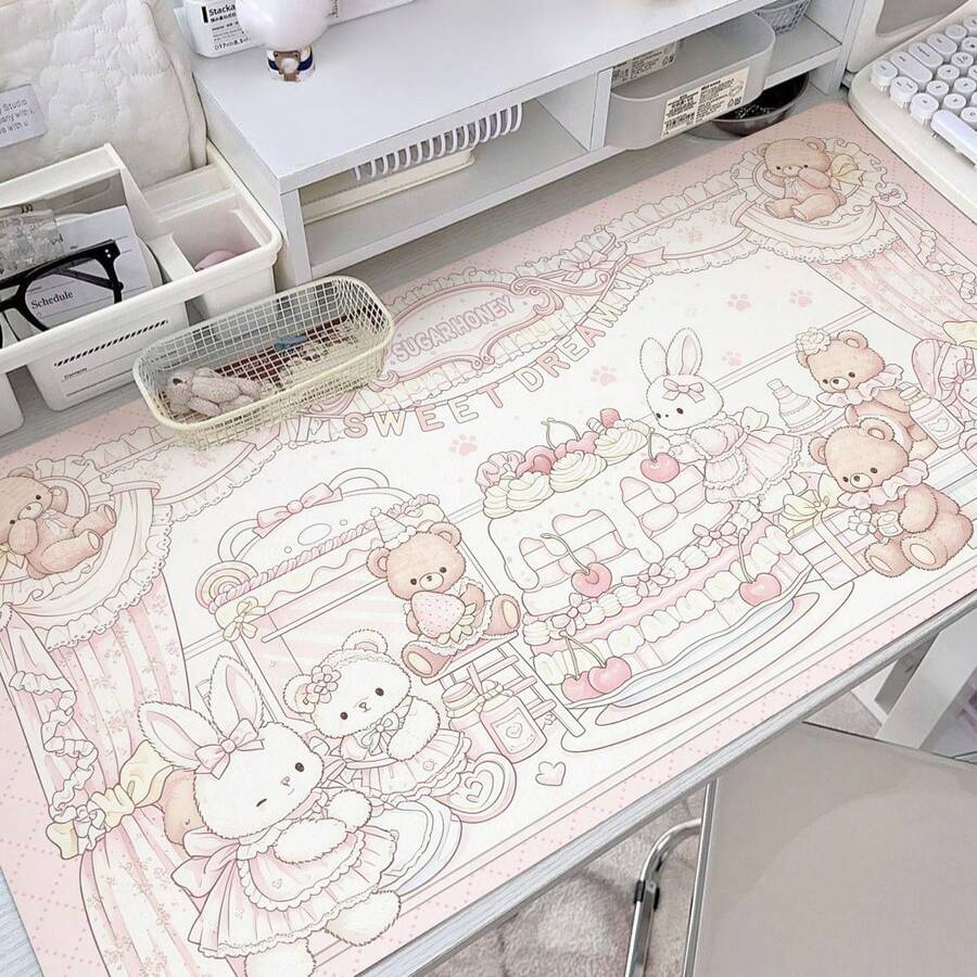 Y2k Sweet Cute Bear Rabbit PU Leather Desk Mat, Pink Lace Cake Print Large Mouse Pad, Waterproof Non-Slip Table Protector, Kawaii Aesthetic Keyboard Pad For Girls Desk Decor - View 1