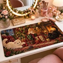 1pc Christmas Cat Mouse Pad, Cute Cats With Christmas Tree And Fireplace Holiday Scene Extended Desk Mat For Home Office, Gaming And Seasonal Decor - View 4
