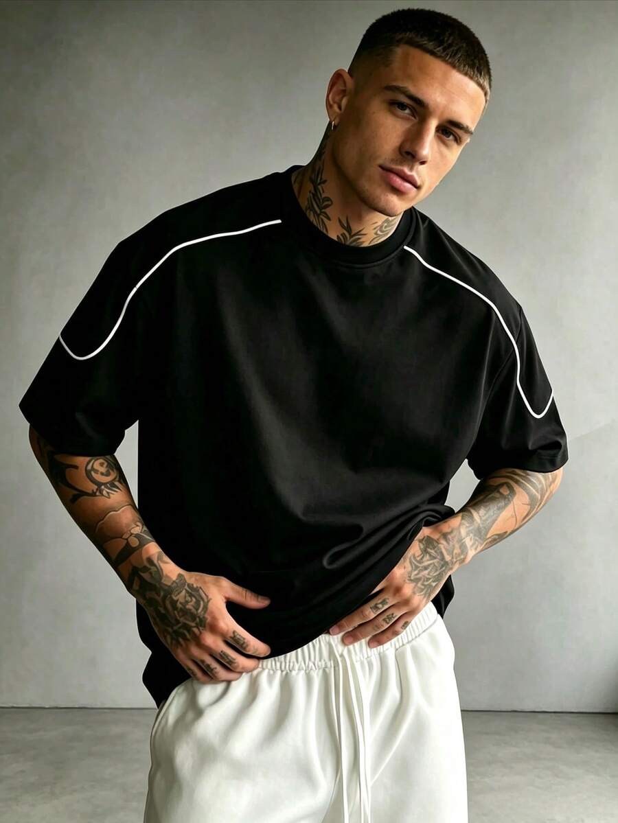 ZYNTH BALENO Men's Summer Fashion Contrast Color Loose Drop Shoulder Crew Neck Short Sleeve T-Shirt, Essential For Summer Sports Black