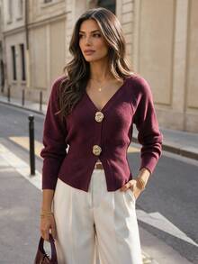 Women's Burgundy Ribbed V-Neck Sweater With Gold Button Decoration, Autumn/Winter Long Sleeve Regular Fit Pullover - Burgundy - View 2