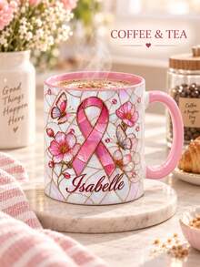 Custom Name Pearl Mosaic Ribbon Mug, Personalized Butterfly Floral Coffee Cup, Breast Cancer Awareness Gift, Breast Cancer Design, Warrior - Multicolor - View 8